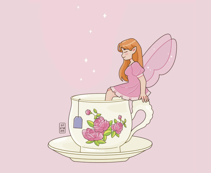 The image shows a small fairy sitting on a teacup