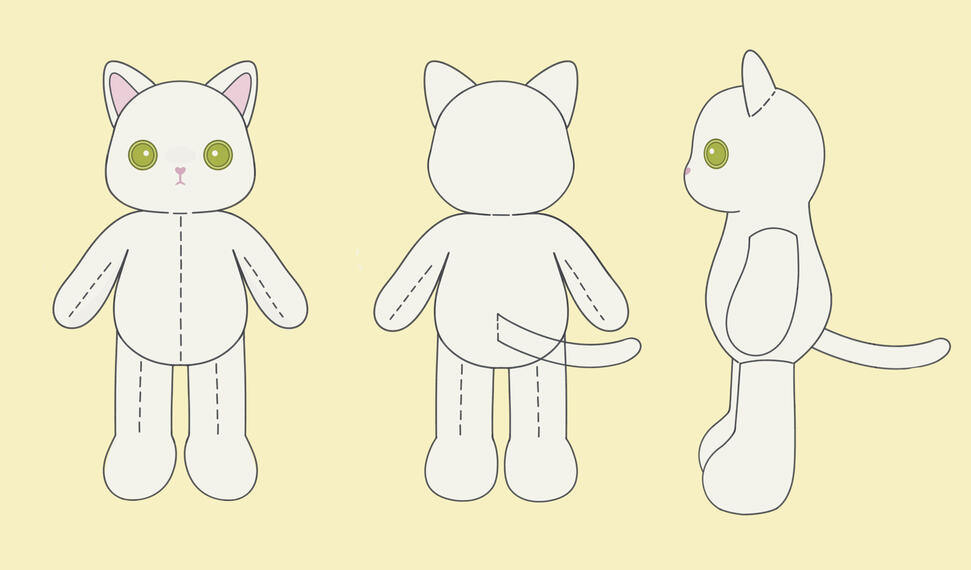 The image shows a character turnaround of a cat plushie