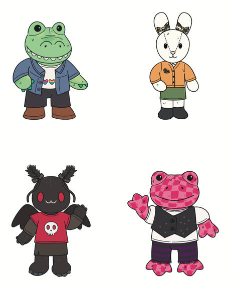 The image shows four plushie portraits (an alligator, a bunny, a mothman and a frog)