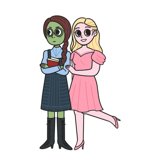 The image shows a fanart of Elphaba and Glinda from Wicked