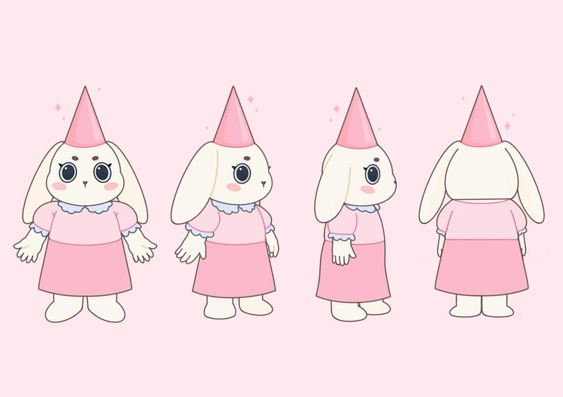 The image shows a character turnaround of a fantasy gnome with bunny ears