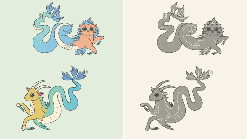 The image shows two sea monsters, colored on the left and in mosaic style on the right